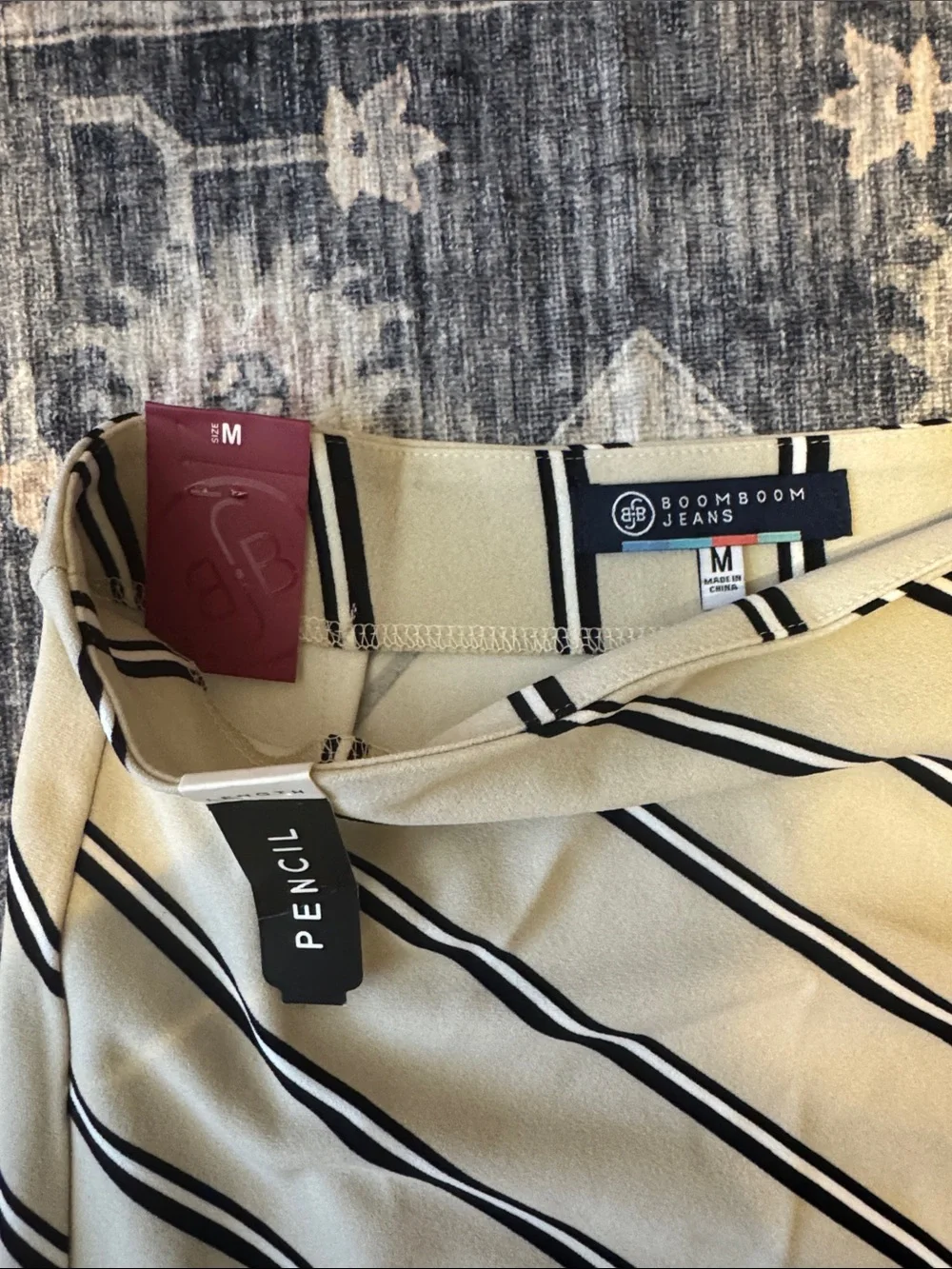 Boom Boom Jeans Cream and Black Striped Pencil Skirt with Ruffle Hem
